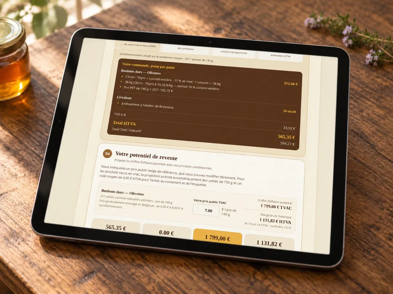 Voorbeeld van de prijscalculator op een tablet