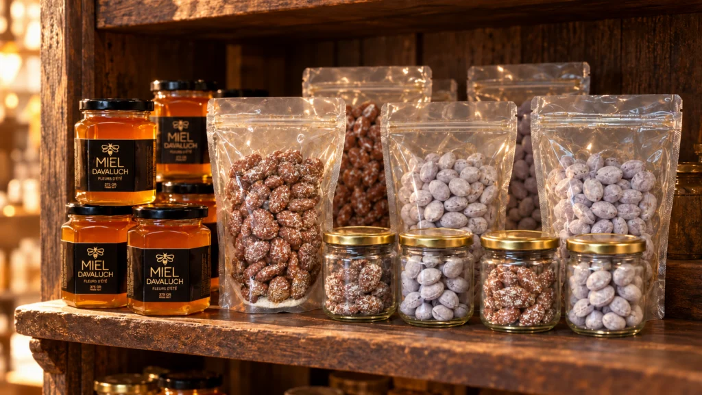 Potten honing en zakjes gekarameliseerde noten met honing op een rek