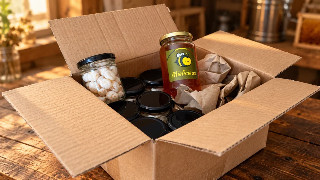 Doos met potten honing en snoepgoed met honing, klaar voor de verkoop