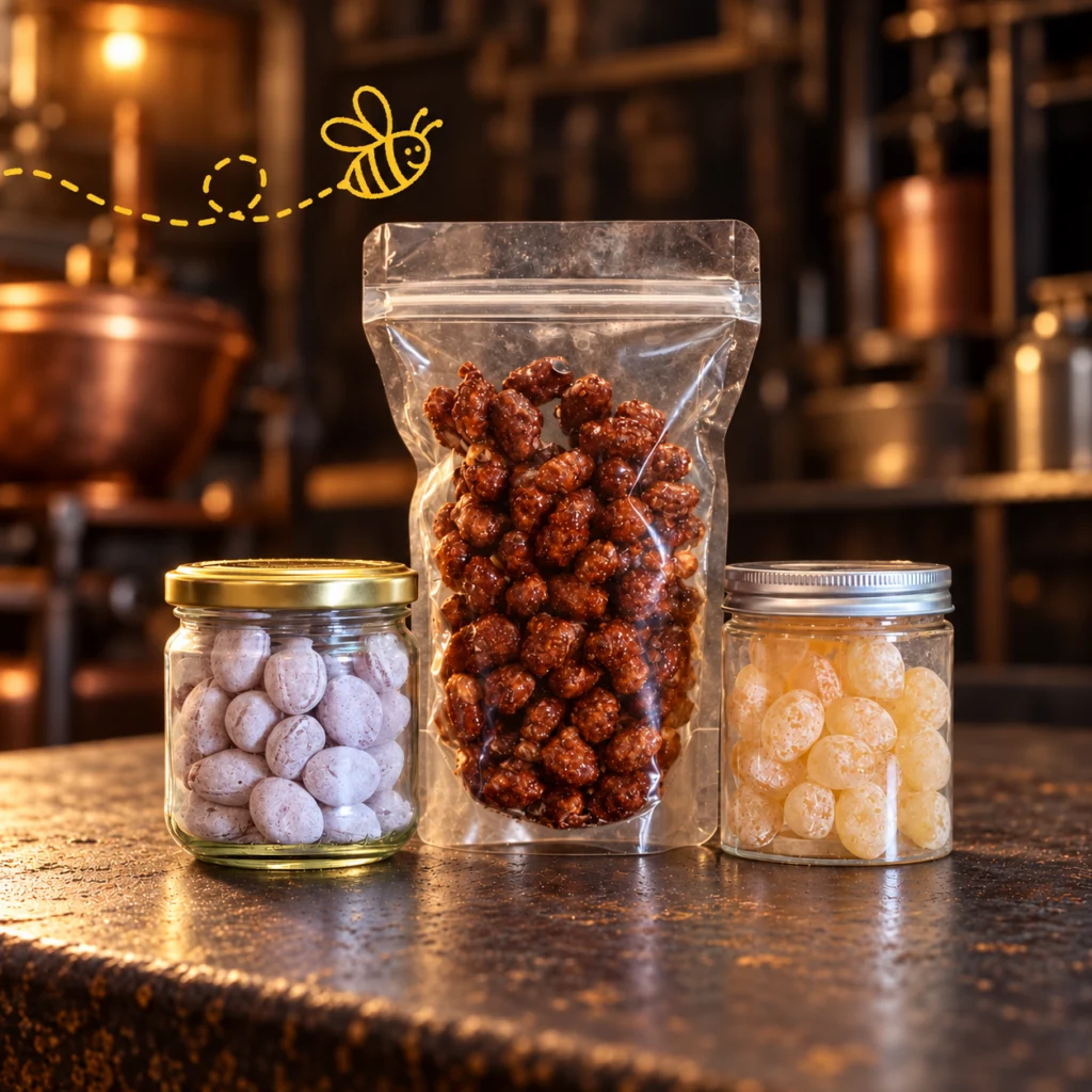 Trio snoepgoed met honing in potjes en in een zakje om de verkoop te testen