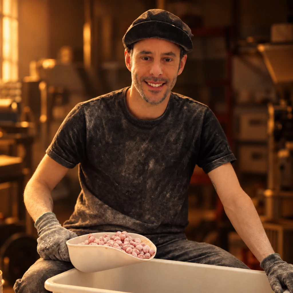Lachende snoepmaker met een bak honingsnoepjes