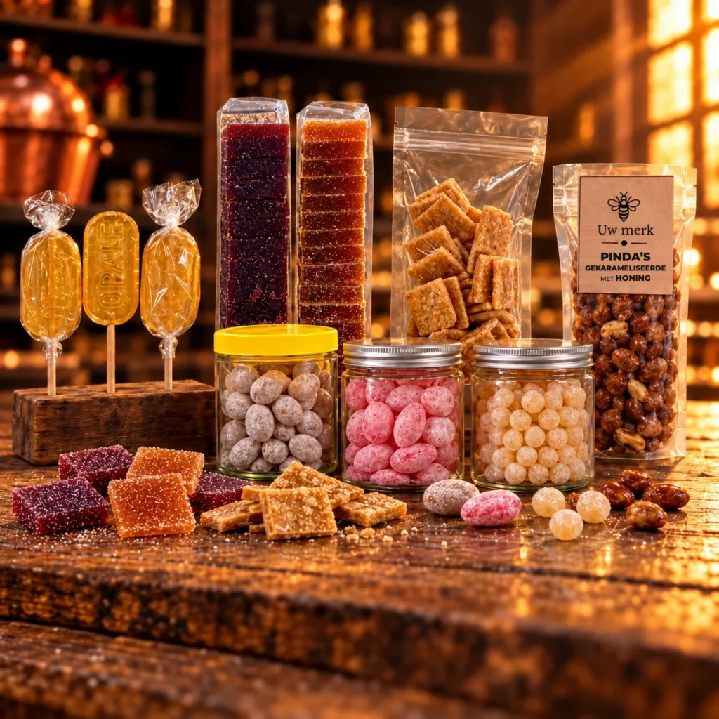 Assortiment honingsnoepgoed onder het eigen merk van de imker: lolly’s, fruitpasta’s, krokantjes, snoepjes en gekarameliseerde pinda’s